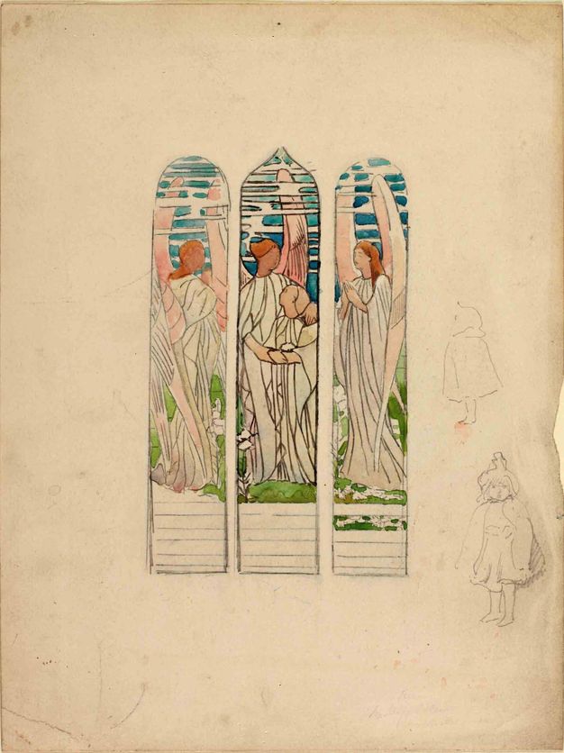 Watercolour. Design for three arched bays of a stained glass window shows winged angels against blue skies and green grass. The centre window shows an angel embracing a youth. The lines are drawn in pencil and filled in with saturated blue, green, brown, or shades of pink.