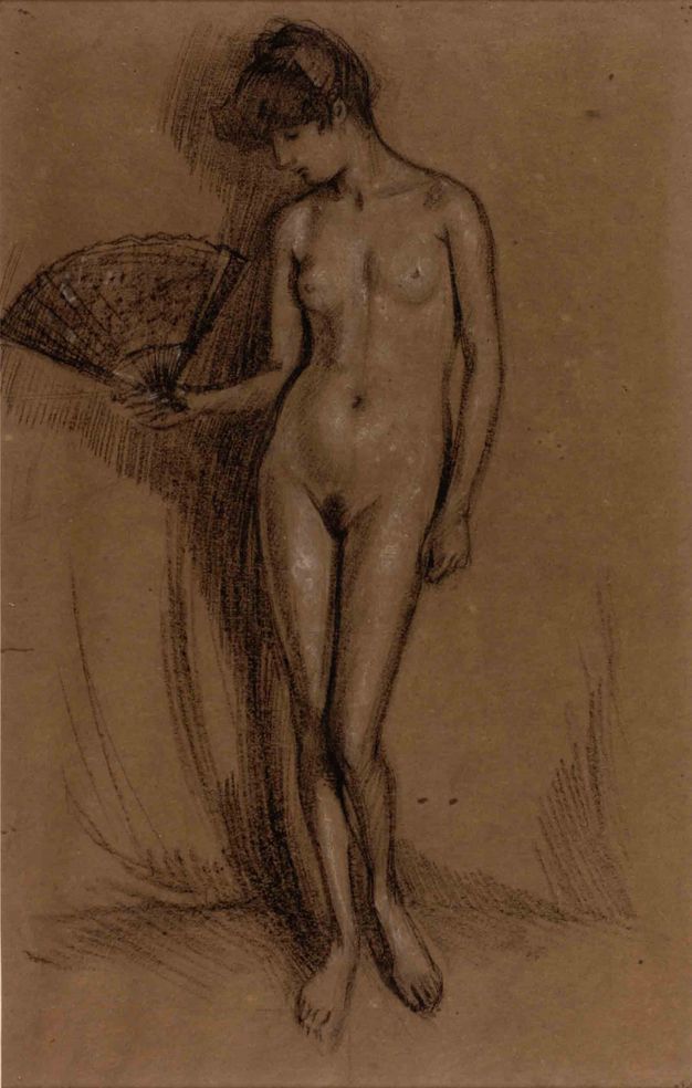Drawing. A woman’s nude body and the open fan she holds is created with black and white chalk on brown paper. Her dark hair is swept up and she looks down at the fan held up in in one hand. Her other hand rests by her side.