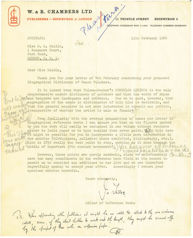 Typewritten letter. A publisher's response suggesting other publishers to contact about a proposed dictionary of women artists.