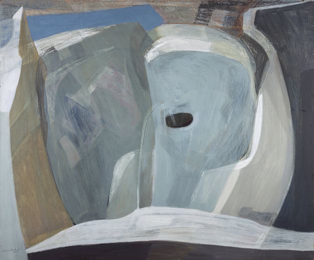 Painting. Abstract shapes in slate blue, frost white, and grey roughly recall an icy landscape. Brushstrokes are visible across the canvas.