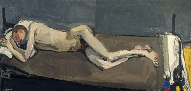 Painting. A thin man lies sleeping on a cot or bed in this long painting. He lies on his side, his elbows bent so his hands are near his peach-coloured face. The rest of his skin is parchment white. The blanket on the bed is army brown and the back wall nickel grey. A few slivers of bright white, blue, red, and yellow are to our right.