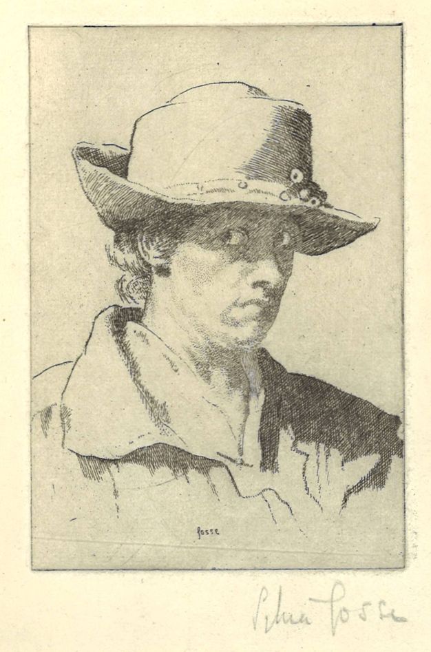 Print. Shown from the shoulders up, a woman looks out the corners of her eyes off to our left as her head pivots to our right. Her eyes are shaded by a tall, narrow-brimmed hat. Her hair is short and curls over the wide collar of her painter’s jacket. Her eyes are open wide, her lips set and turned down at the corner we can see.