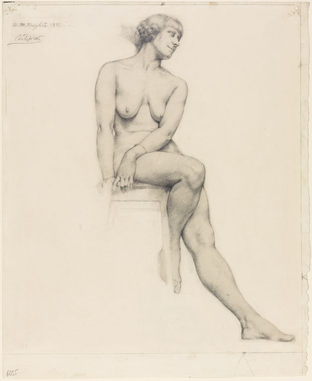 Drawing. A nude woman sits on a stool with one foot on the floor and the other propped on the rung. Her hands are gathered by her right hip, to our left. Her head tips to our right, and she smiles.