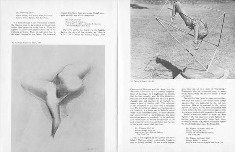 Spread from a book. On the left is an illustration of and catalogue entry for “Drawing, 1957”. The right page has a black and white photograph of a bronze sculpture with text explaining three works of art, including the sculpture. This piece shows a woman’s body arced dramatically back and suspended in a prism-like framework.
