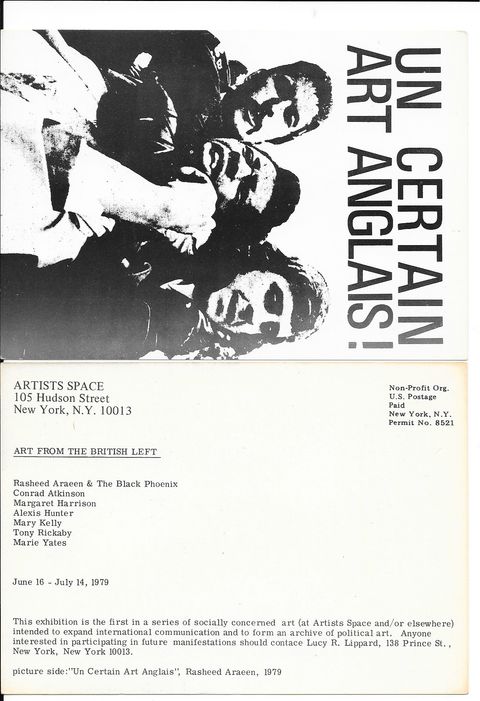 Invitation. The recto of two sides of a printed invitation is printed with text reading, “Un Certain Art Anglais!” above a black and white image of two white men subduing a Black man. The mailing side has information about the artists exhibited and dates.