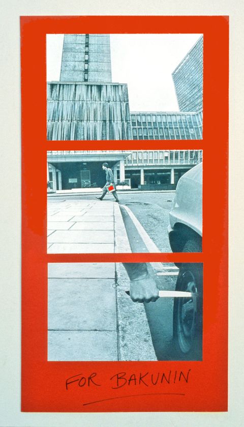 Collage. Three monochromatic photographs in shades of aqua blue are stacked on a red board. The top picture shows a skyscraper, and a man walks across the street in the centre image. A framed work he holds is flat red. The bottom picture shows a hand driving a knife into a car’s tire. Written in pen on the red board across the bottom, text reads, “For Bakunin”.