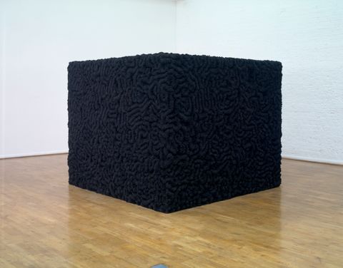 Sculpture. A black box sits near the corner of a gallery. Every visible surface is covered with dense folds, like a human brain.