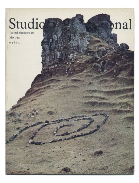Cover of a journal. Grey stones have been arranged in a spiral on the steep incline leading up to rocky cliffs. Text below the title reads, “Journal of modern art May 1971 90p $2.50”.