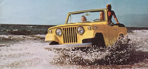 Ad. Three smiling women ride in foamy surf in an open-topped, yellow Jeep.