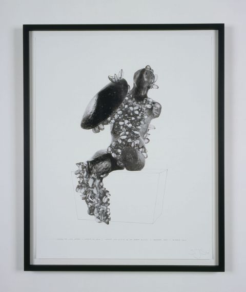 Collage. A proposal shows the abstracted form of a person sitting on a base. Their stone body is mostly covered with life-size mussel shells. The shield held over one arm appears to be an actual enlarged mussel shell.