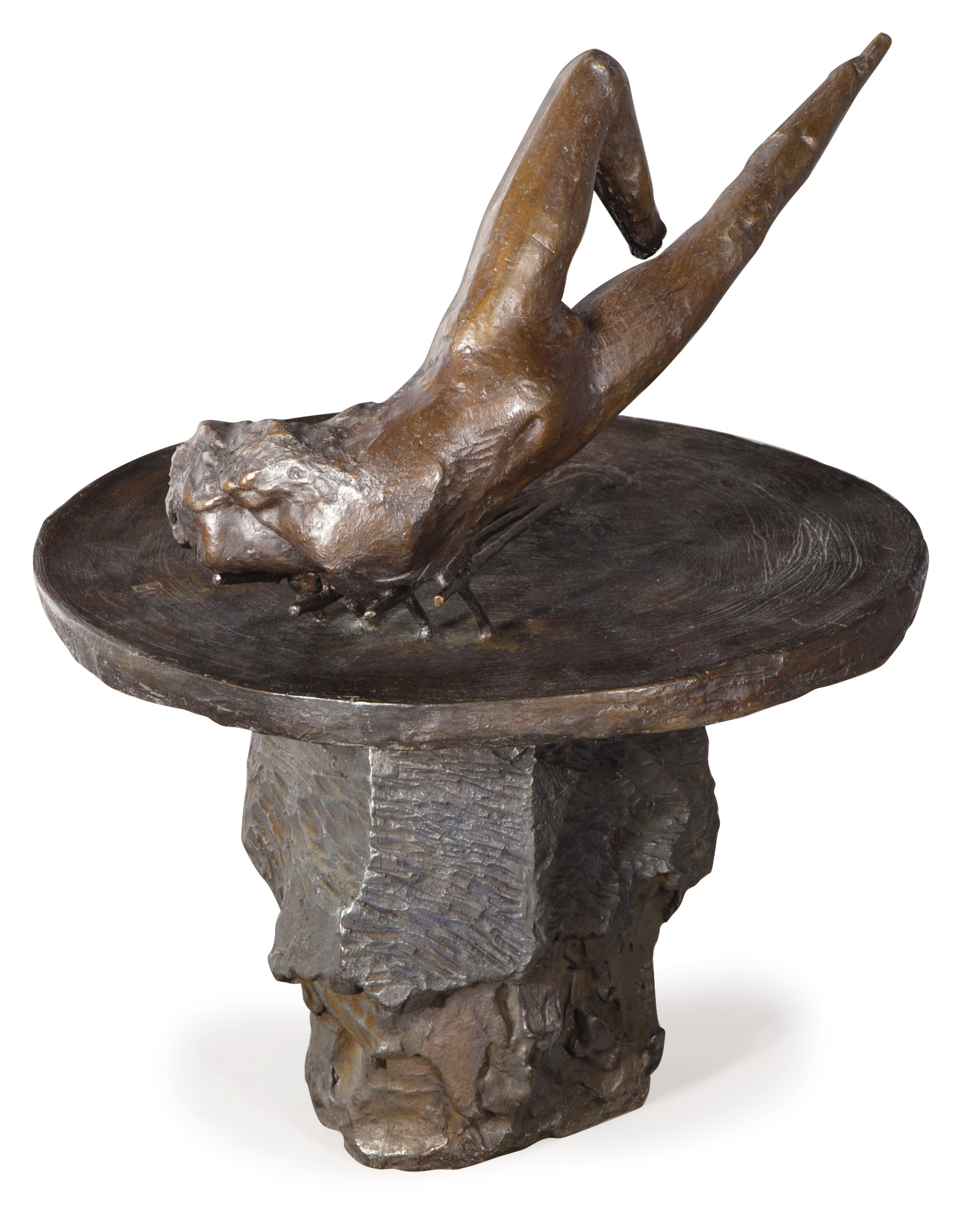 Sculpture. An armless, footless woman’s body collides shoulder and chin first into a grill-like structure on a disc. Her head snaps back and her legs flail high in the air. The round disc on which she lands is supported by a rock-like base.