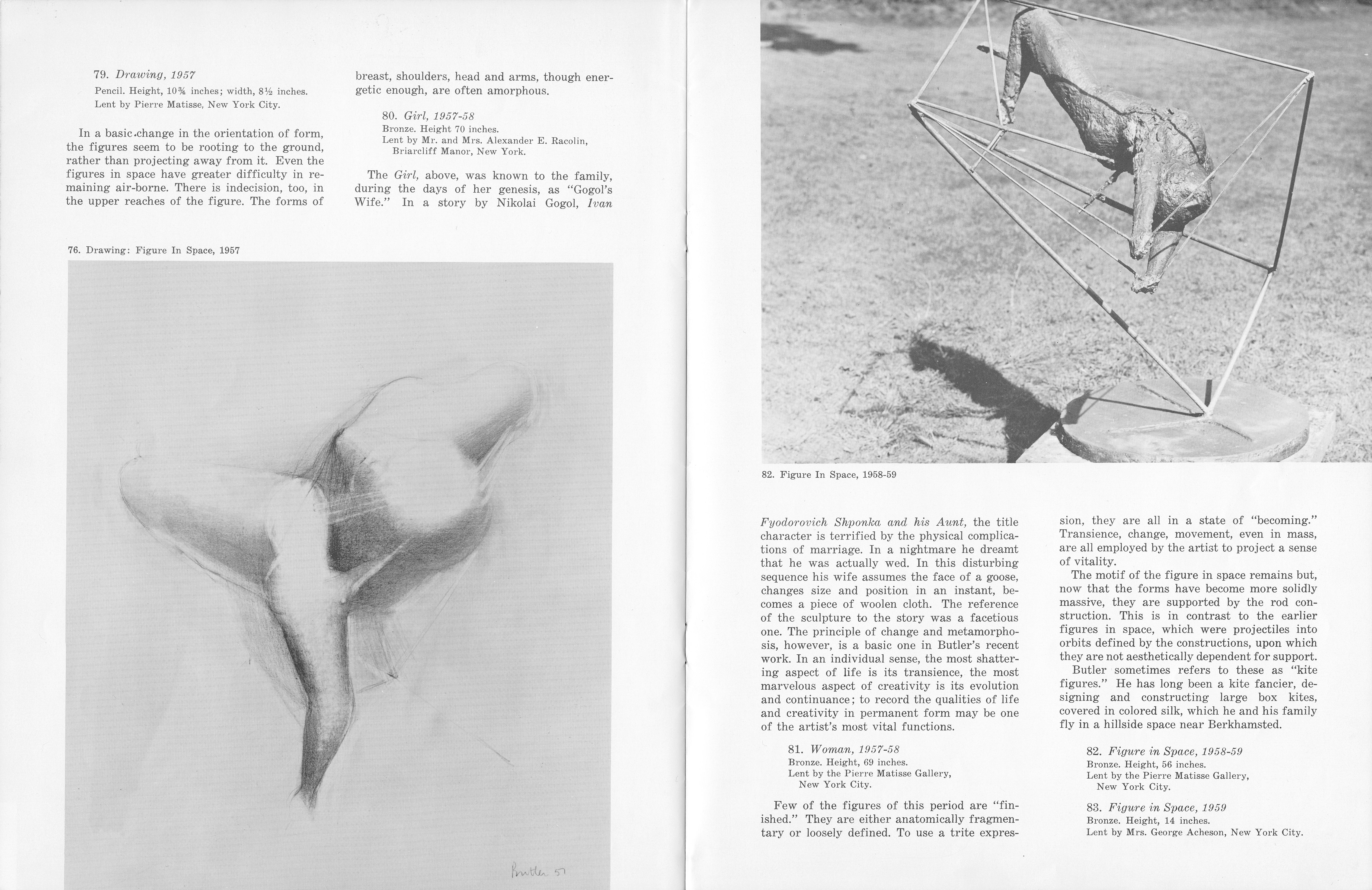 Spread from a book. On the left is an illustration of and catalogue entry for “Drawing, 1957”. The right page has a black and white photograph of a bronze sculpture with text explaining three works of art, including the sculpture. This piece shows a woman’s body arced dramatically back and suspended in a prism-like framework.
