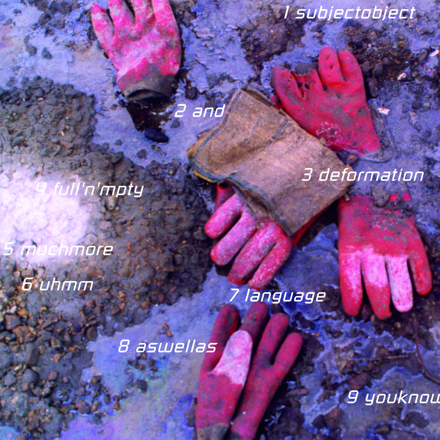 Colour photograph. Five work gloves lie on dirt with swirling, possibly oily water. Text scattered around the image reads, roughly from top to bottom, “1 subject object,” “2 and”, “3 deformation”, “4 full’n’empty”, “5 muchmore”, “6 uhmm”, “7 language”, “8 as well as”, and “9 younow”.