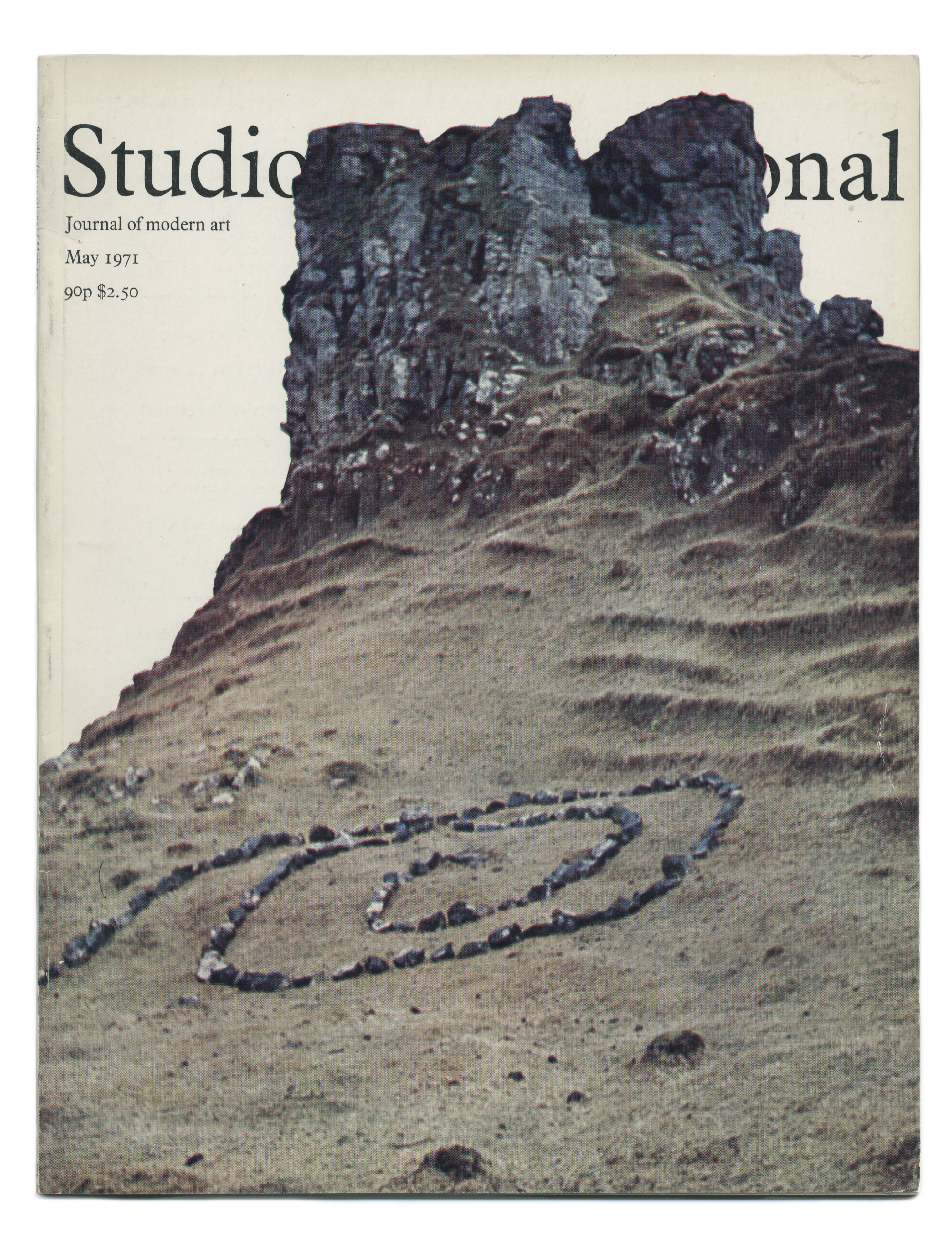 Cover of a journal. Grey stones have been arranged in a spiral on the steep incline leading up to rocky cliffs. Text below the title reads, “Journal of modern art May 1971 90p $2.50”.