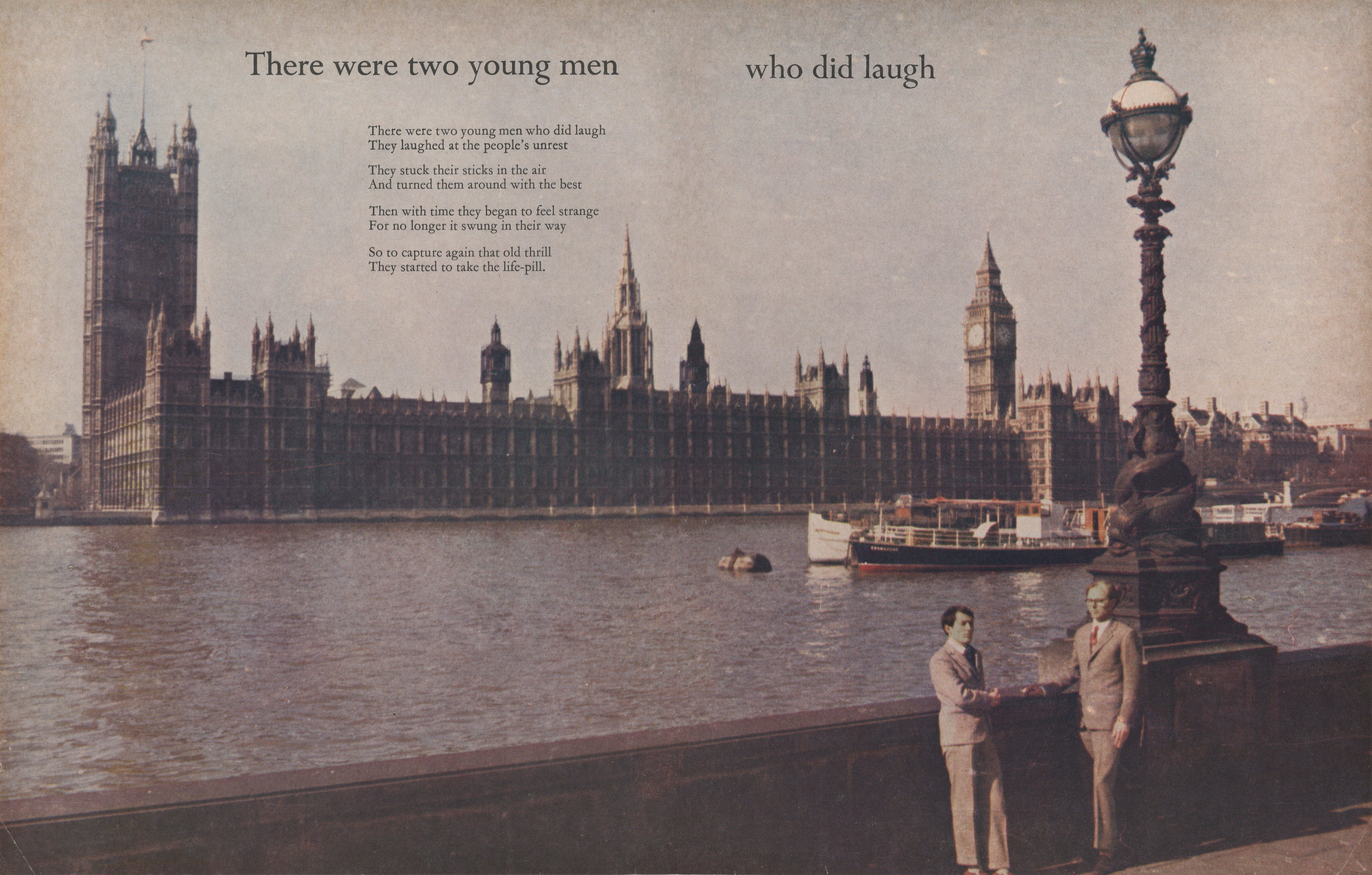 Pages of a magazine. Two men stand on a bridge across the Thames River from the Palace of Westminster. The men wear grey suits, and their faces are painted faint green. Text at the top reads, “There were two young men who did laugh”. A poem follows.