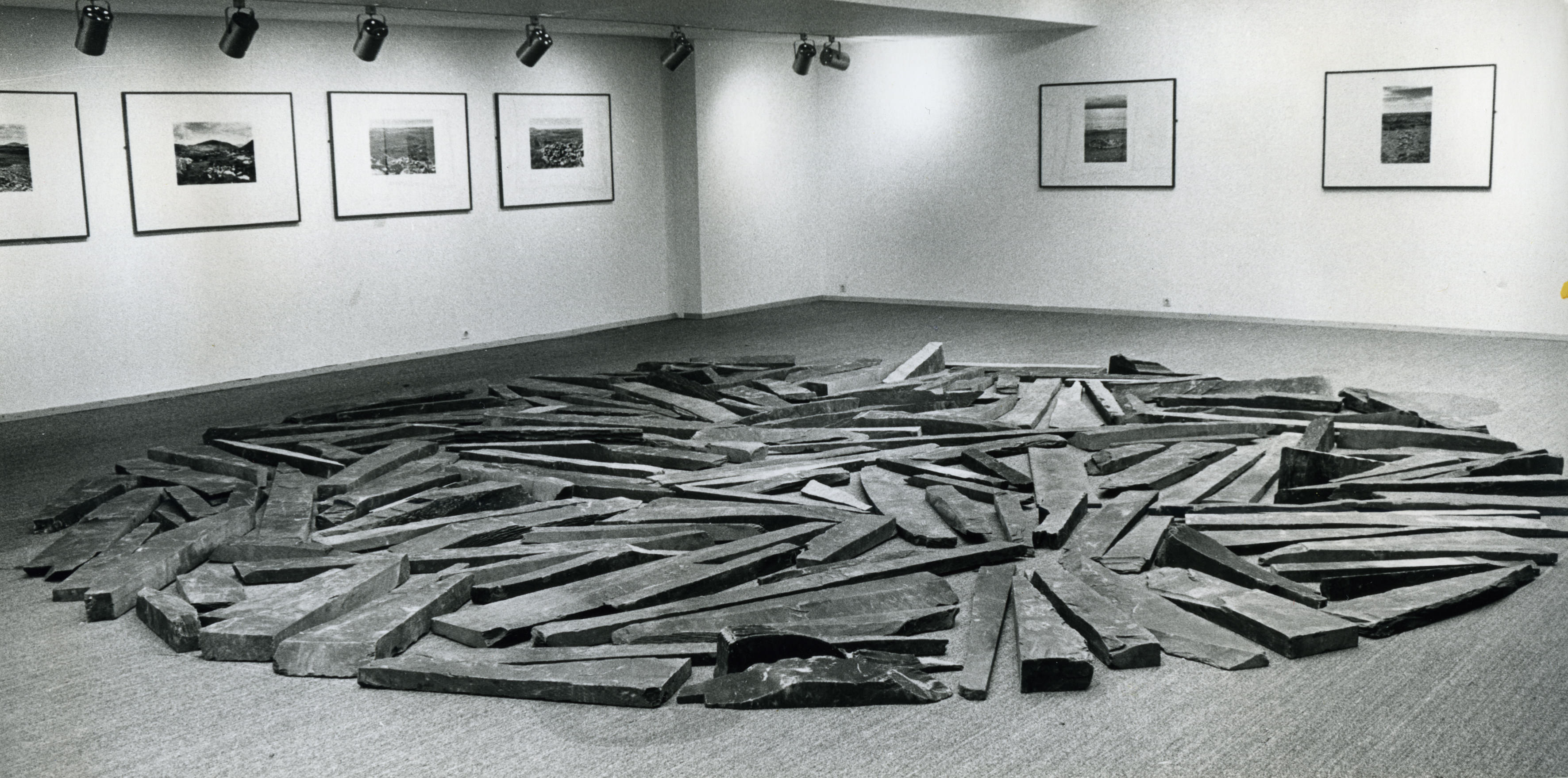 Installation photograph. Black and white photograph of long pieces of slate arranged in a circle. There is no pattern, but the distribution is balanced. Works of art hang on the gallery walls across from us.