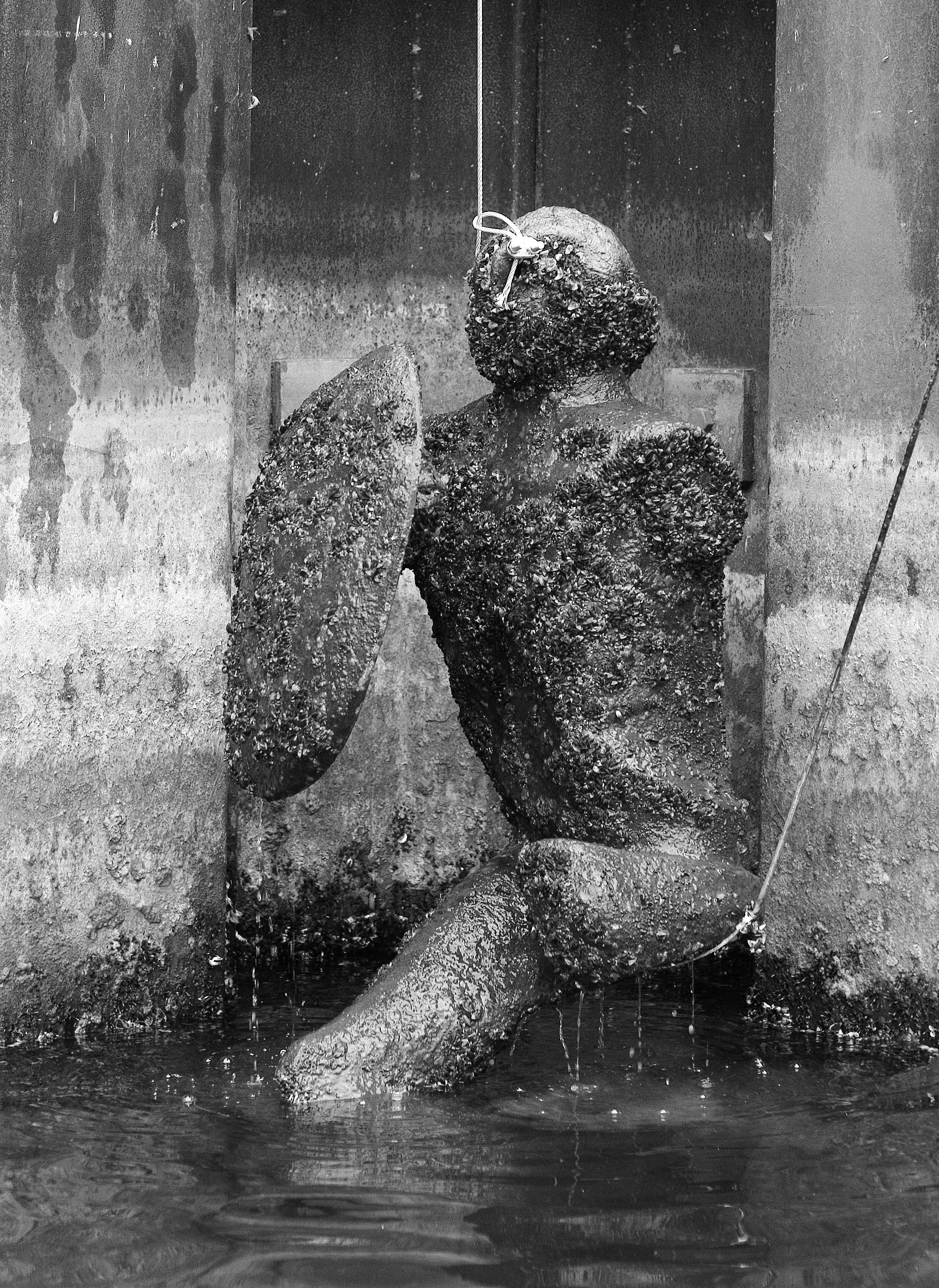 Sculpture. Black and white photograph of an abstracted human form holding a shield is lifted out of water. The surface is textured, and water drips from the bottom.