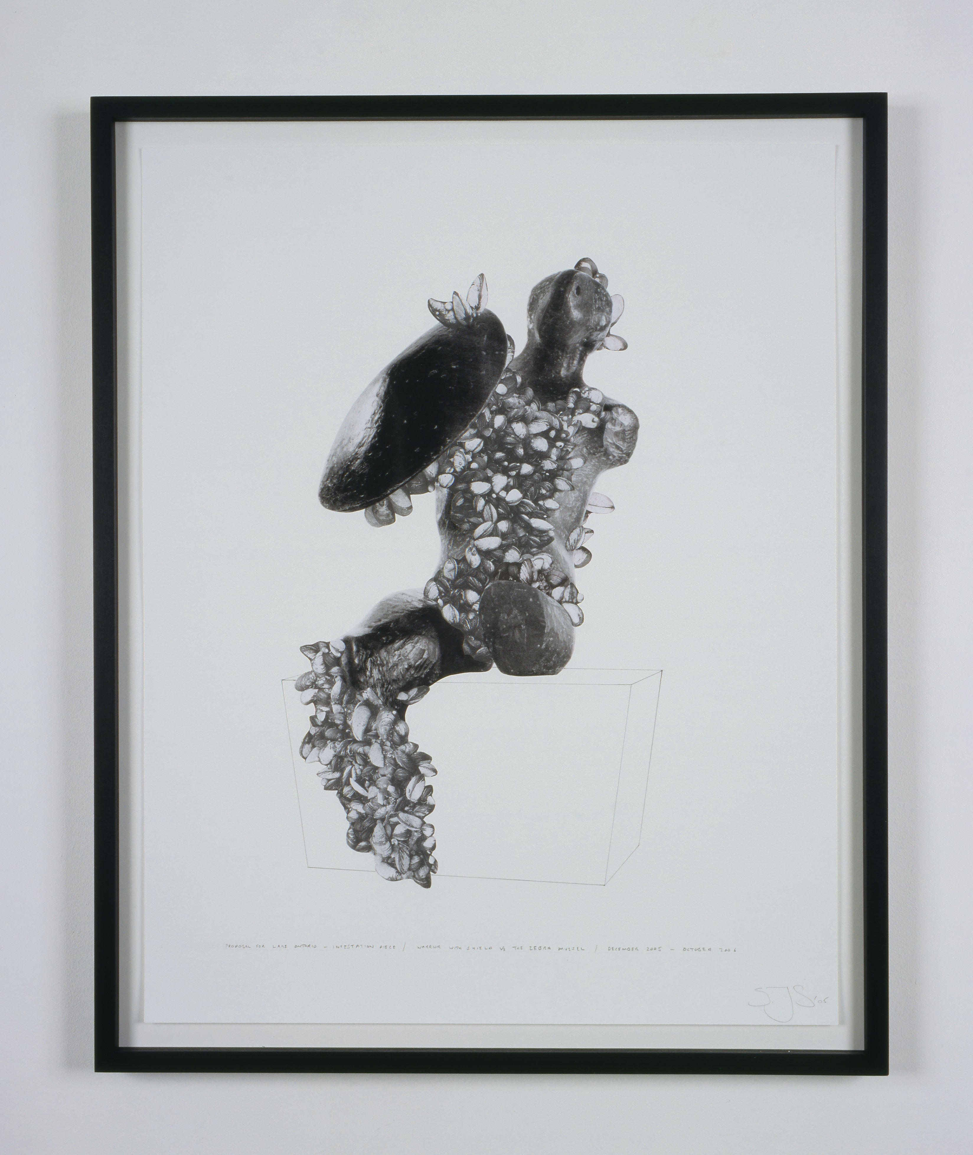 Collage. A proposal shows the abstracted form of a person sitting on a base. Their stone body is mostly covered with life-size mussel shells. The shield held over one arm appears to be an actual enlarged mussel shell.
