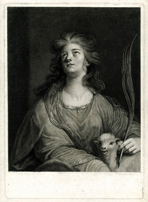 Print. Shown from the lap up, a pale-skinned woman sits looking heavenward. Her wavy hair blows around her heart-shaped face. Light glints on her eyes. She wears a voluminous robe and one hand rests on a lamb in the lower right corner. That hand also holds a palm.