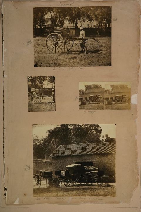Page of a book. Among four black and white photographs, two include a person and all show one or more person-drawn carts.