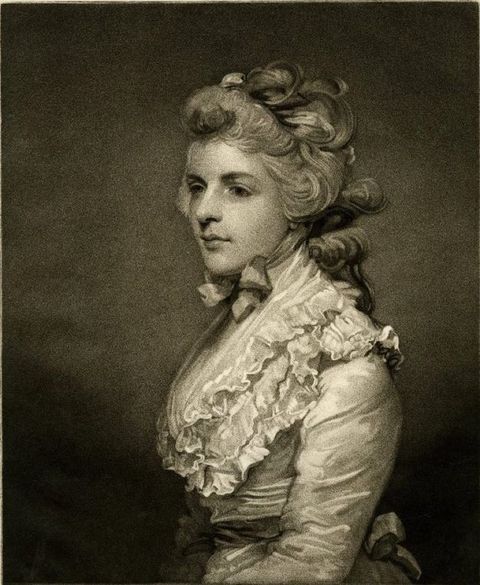 Print. Shown from the lap up, a young woman’s body is angled to our left, and she looks off in that direction. She has downturned eyes and bow-shaped lips. A bonnet perched on curly hair is tied under her chin. Her dress has a ruffled bodice.