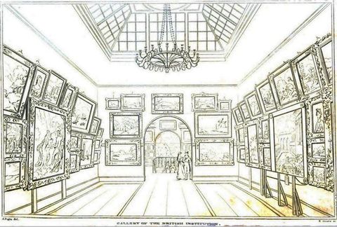 Illustration. A large gallery is hung frame-to-frame and floor-to-ceiling with rectangular paintings. An arched opening opposite from us opens onto other galleries and more doorways.