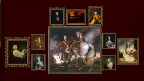 Installation photograph. This reconstruction shows ten paintings on a wine-red wall. A portrait of a man and a white horse is the largest, and it hangs under a row of three smaller paintings. A trio of paintings to each side has two smaller canvases stacked next to the largest portrait. Finally, medium-sized portraits flank each pair, like wings.