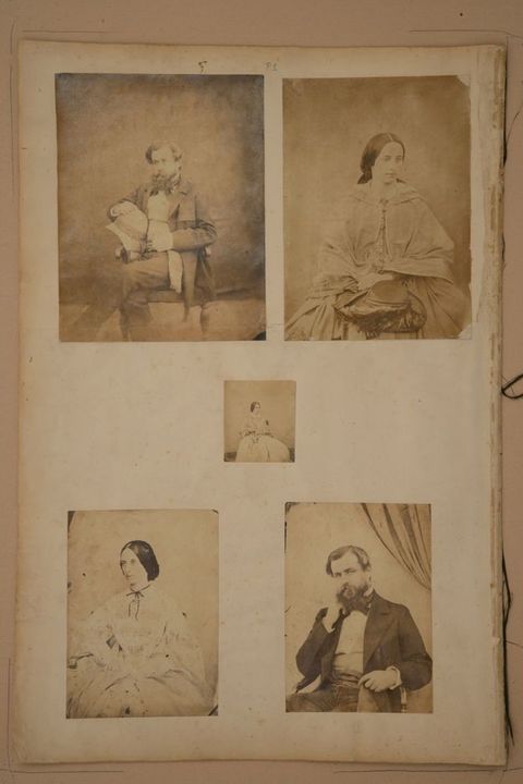 Page of a book. Among five black and white studio portraits, a bearded man wearing a suit appears twice, each time next to a different photograph of a woman. A fifth, smaller picture of a woman is at the centre.