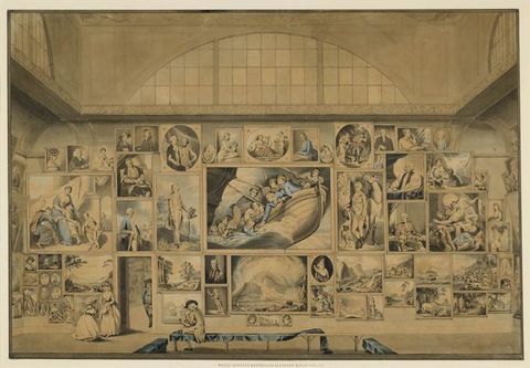 Watercolour. A cavernous room is hung frame-to-frame and floor-to-ceiling with rectangular and oval paintings. Using the scale created by a woman standing by the door, the room is at least three storeys high. The paintings show landscape, history paintings, and portraits.