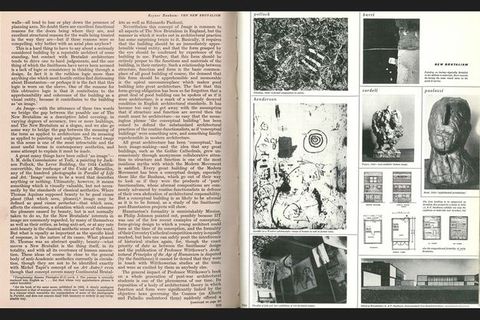 Pages of a journal. The page to our left is filled with two columns of text. A header reads, “Reyner Banham: The New Brutalism”. The facing page is illustrated with seven works of art reproduced in black and white and a few diagrams and floor plans.