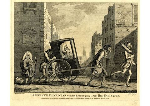 Print. A man with a chubby face and double chin has his hair or wig sprayed by a grinning thin man wearing a suit. The man receiving treatment has his eyes screwed shut, hands braced against the arms of his chair, and his clothing is covered by a white sheet.