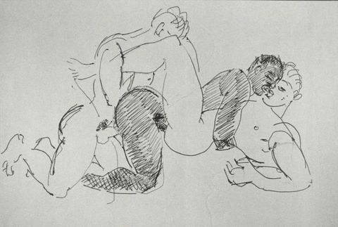 Drawing. Three nude men engage in sexual acts. Two have pale skin, and one is cross-hatched to suggest brown skin. The Black man embraces and penetrates a man facing him, while another penetrates the first from behind.