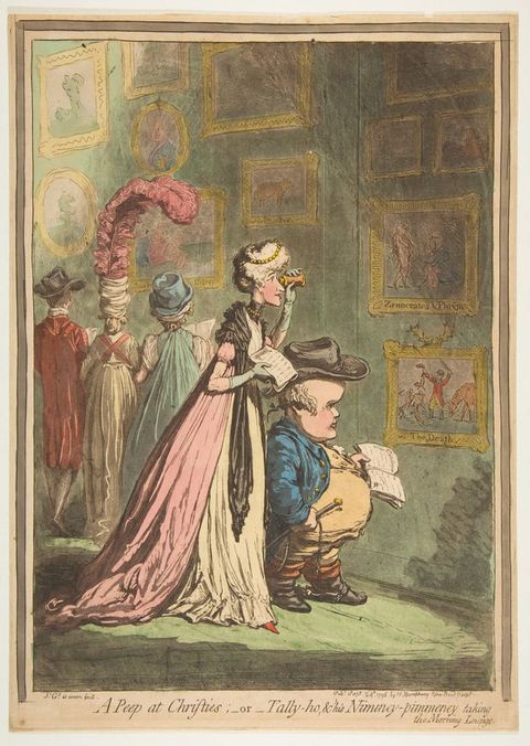 Print. A woman and caricaturized short man peer at closely hung artworks in a gallery. The man has an exaggeratedly large head and rotund belly. The woman looks through a monocle at the work hanging at arm’s reach.