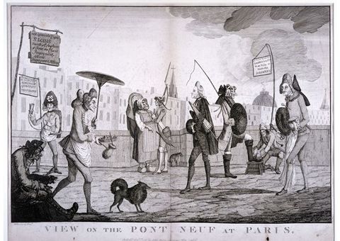 Print. Men and women gather around a brick-faced, arched gateway. At the centre of the composition, a man wearing an apron struggles under the weight of a side of beef. A fat friar smiles as he touches the roast. Two gaunt men wearing tattered clothing and eating soup gape at the butcher.