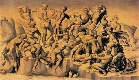 Painting. In tones of black and grey, eighteen mostly nude, muscular men fight on a rocky outcropping. A pair of hands reach from water lapping against the rocks below.