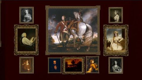 Installation photograph. This reconstruction shows ten paintings on a wine-red wall. Nine smaller paintings are arranged around a larger portrait at the top centre of the display. That work shows a man standing next to a white horse. A column of three paintings to each side have smaller paintings above and below a medium-sized canvas.
