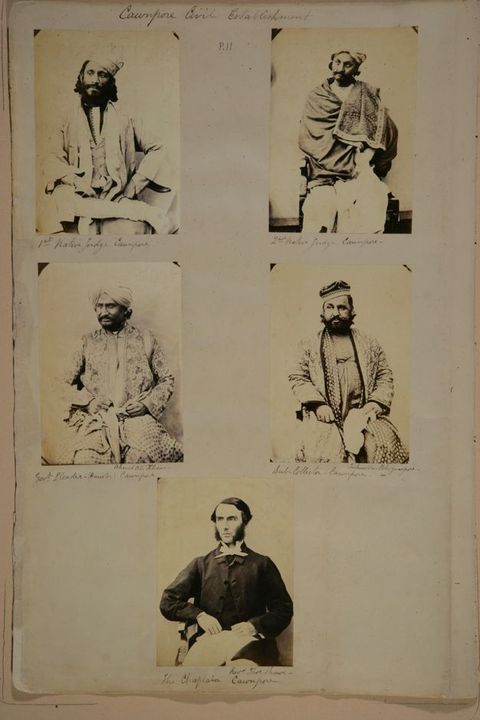 Page of a book. Each of five black and white studio portraits shows a man from about the knees up. Their bodies face us as they look off to our left. The top four have dark hair and beards, and wear caps or turbans. The fifth man has dark hair and bushy mutton chops, and he wears a suit.