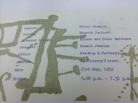 Invitation. An abstract design in translucent olive green is printed on white paper. Purple typewritten text overlays the design in two columns. The first few lines across the columns read, “A Room Cabinet Victor Pasmore Ceiling Eduardo Paolozzi Interior Design Alison and Peter Smithson Occupant Ronald Jenkins”.