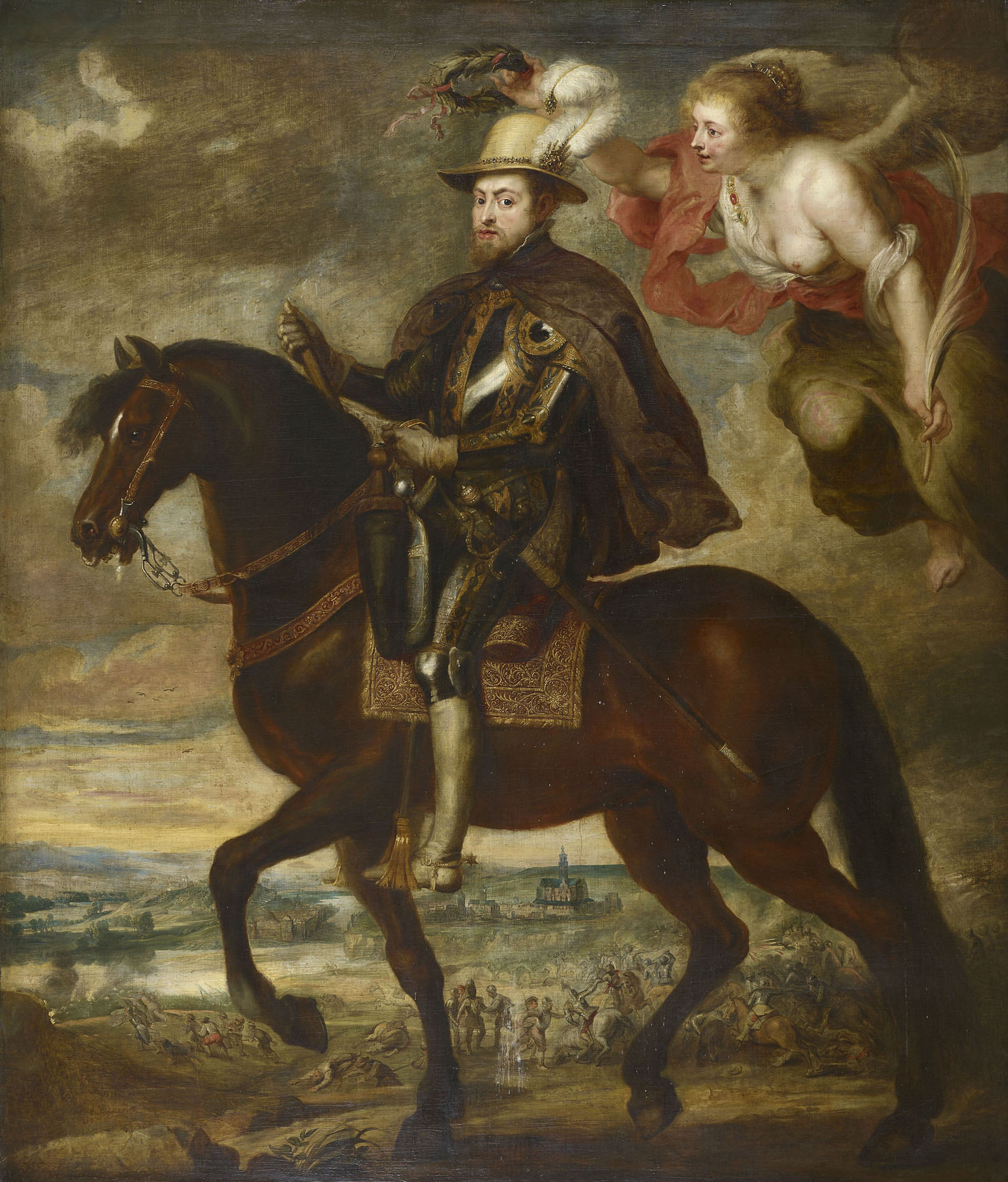 Painting. A man in armor rides a horse in a historic painting. An angelic figure hovers above, holding a laurel wreath. A landscape and small figures are visible in the background.