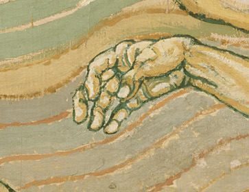 Painting. Detail view of a pale-skinned hand against wavy lines representing water. The palm faces us, the thumb dropping towards the base of the fingers.