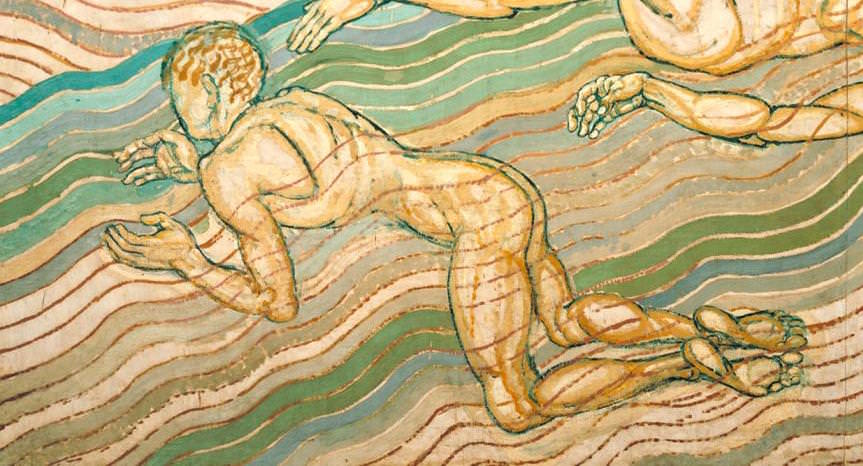 Painting. Detail view of a nude, pale-skinned man in water. He floats torso down, knees and elbows bent. His hands cup towards each other. The water is painted as wavy bands of muted and frosty greens and blues.