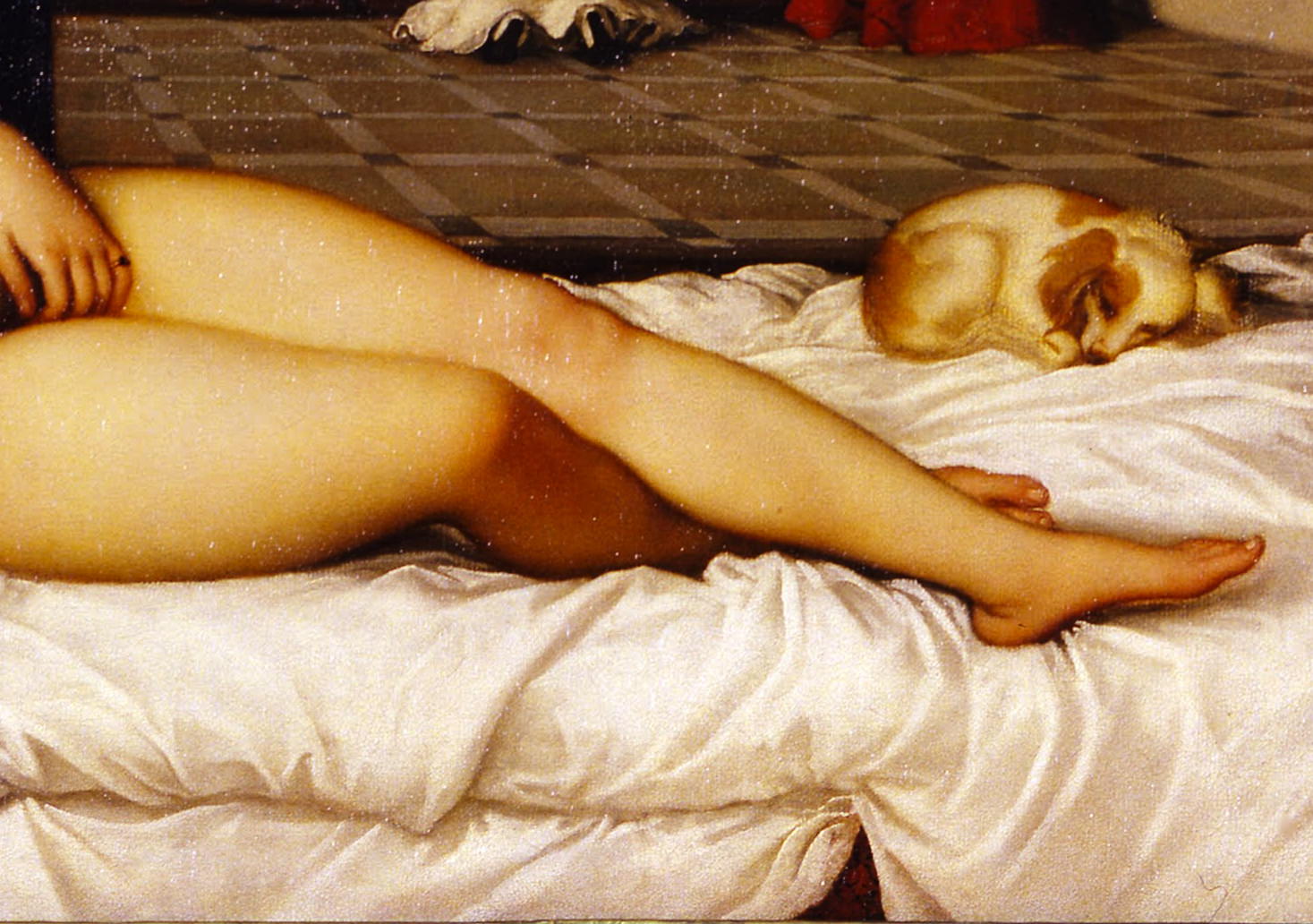 Painting. Detail of a pale-skinned woman’s legs on a white sheet. Her hand cups over her groin to our left, and a small brown and white dog lies by her feet.