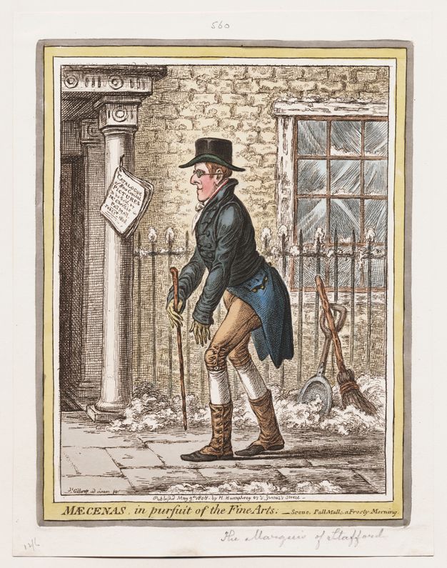 Print. A man wearing a suit, top hat, gloves, and dark glasses walks with a cane held in front of his body along a snow-lined street. An announcement hung on a column in the picture reads, “Catalogue of 800 Capital Pictures to be Sold by Mr. Christie in Pall Mall, February 1st, 1808”. The title below reads, “Mæcenas in pursuit of the Fine Arts”.