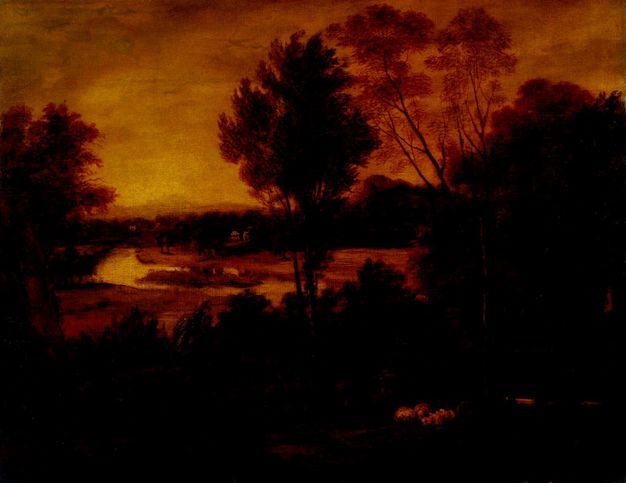 Painting. Landscape with russet-brown trees and vegetation silhouetted against an amber and honey-gold sky. Light picks out a few sheep near the lower right corner, though the rest of the area is in deep shadow. Golden light reflects on a body of water in the middle ground.