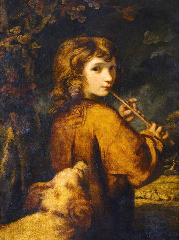 Painting. A pale-skinned boy with brown curly hair looks over his shoulder at us as he plays a pan pipe in front of a landscape. The boy has large, dark eyes, delicate lips, and a pointed chin. Between us and him, a dog looks up at the boy from the lower right corner.