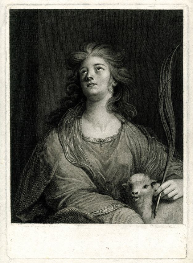 Print. Shown from the lap up, a pale-skinned woman sits looking heavenward. Her wavy hair blows around her heart-shaped face. Light glints on her eyes. She wears a voluminous robe and one hand rests on a lamb in the lower right corner. That hand also holds a palm.