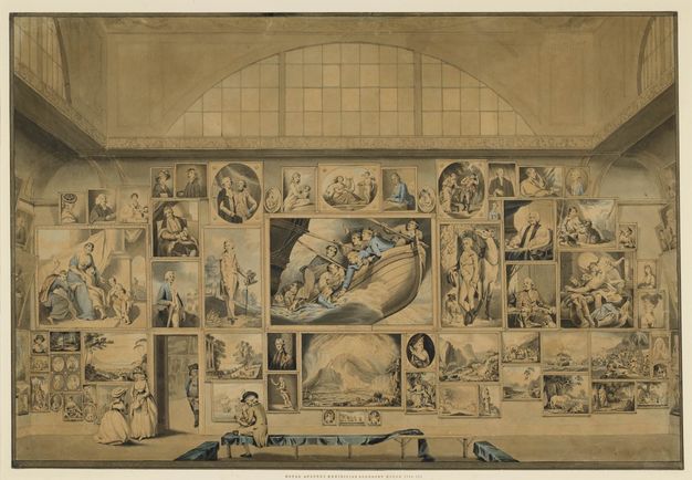 Watercolour. A cavernous room is hung frame-to-frame and floor-to-ceiling with rectangular and oval paintings. Using the scale created by a woman standing by the door, the room is at least three storeys high. The paintings show landscape, history paintings, and portraits.
