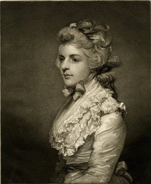 Print. Shown from the lap up, a young woman’s body is angled to our left, and she looks off in that direction. She has downturned eyes and bow-shaped lips. A bonnet perched on curly hair is tied under her chin. Her dress has a ruffled bodice.