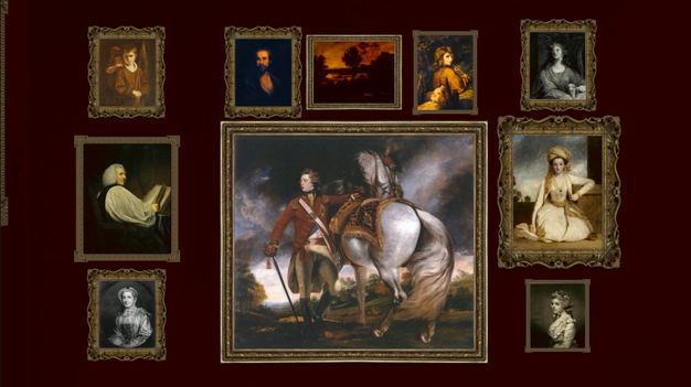Installation photograph. This reconstruction shows ten paintings on a wine-red wall. Nine smaller paintings are arranged around a larger portrait at the bottom centre of the display. That work shows a man standing next to a white horse.