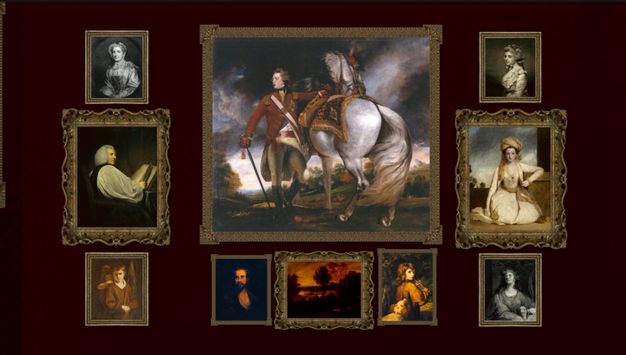 Installation photograph. This reconstruction shows ten paintings on a wine-red wall. Nine smaller paintings are arranged around a larger portrait at the top centre of the display. That work shows a man standing next to a white horse. A column of three paintings to each side have smaller paintings above and below a medium-sized canvas.